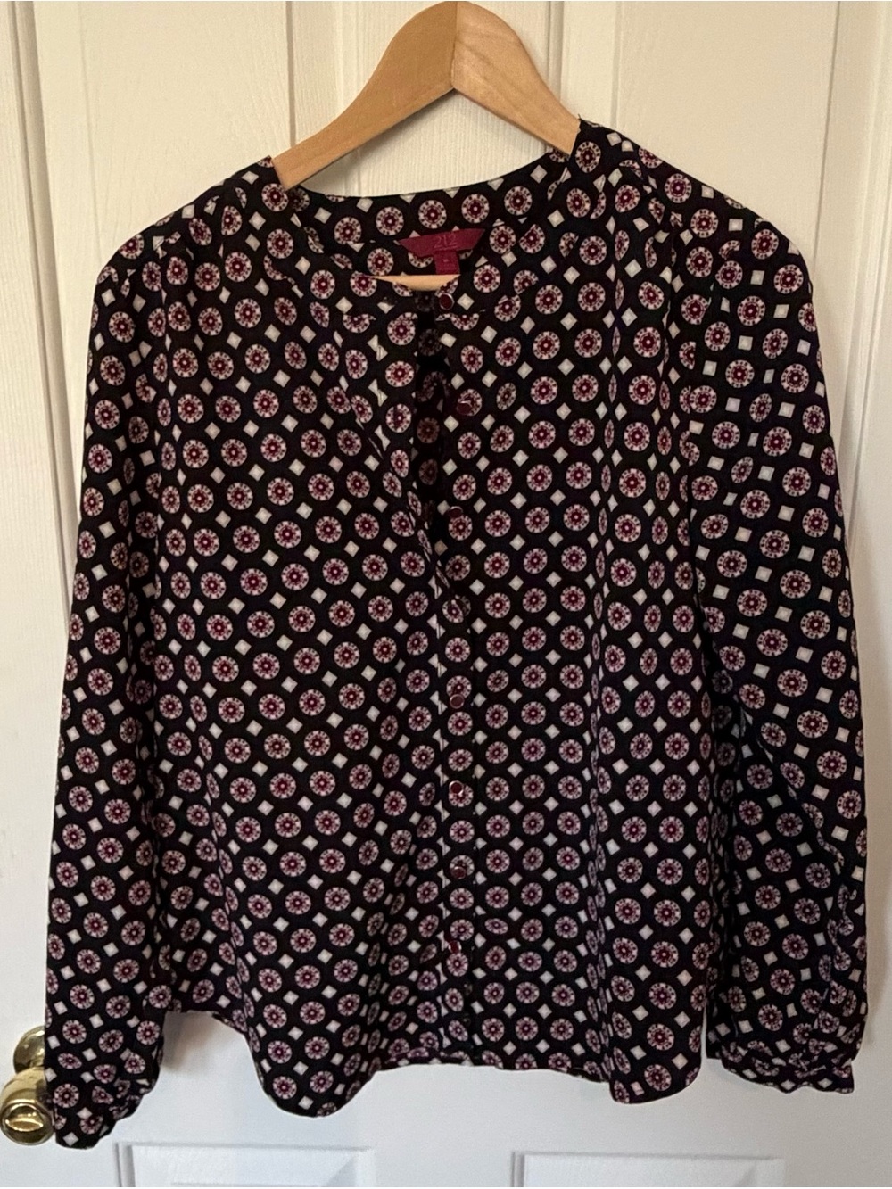 212 Collection Black Long-Sleeve Blouse with Pink Medallion Print